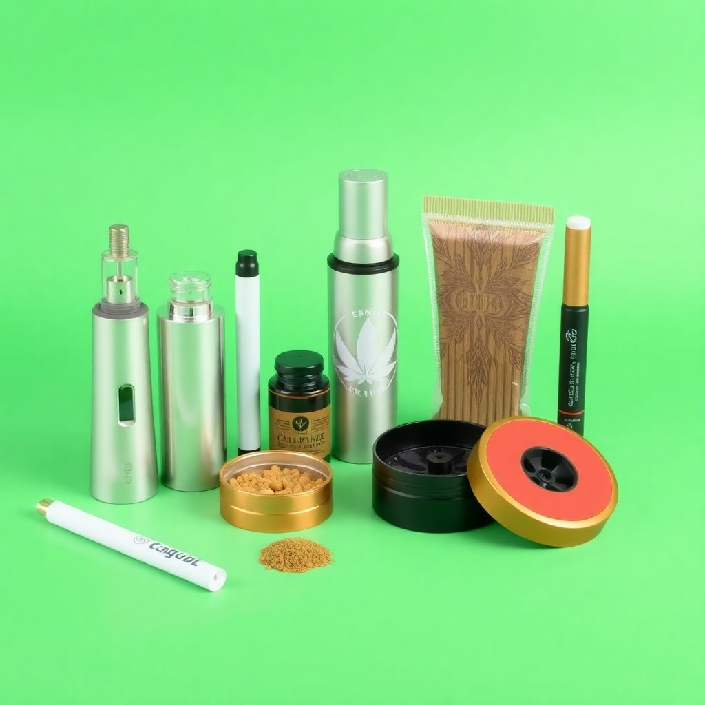 Collection of premium cannabis accessories including vaporizers, grinders, and rolling papers