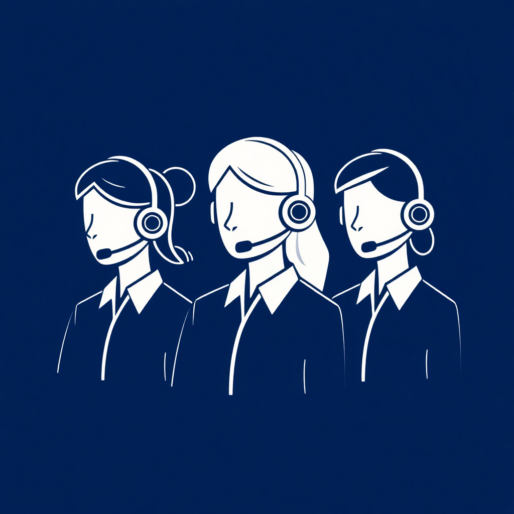 Three support agents with headsets representing WeTheNorth Market customer service in minimalistic blue and white style