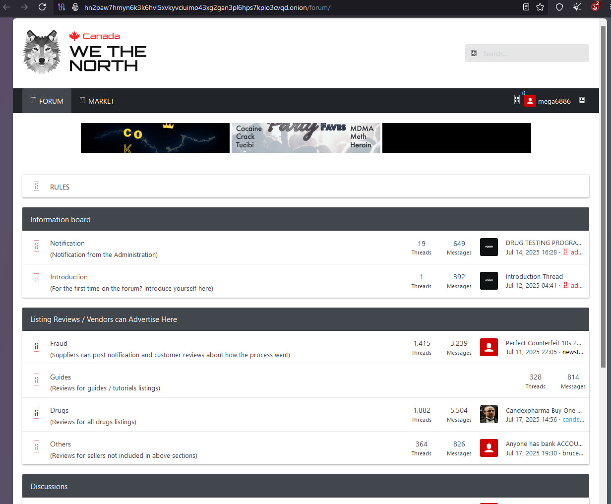Minimalistic forum interface on WeTheNorth Marketplace showing users and darknet market topics