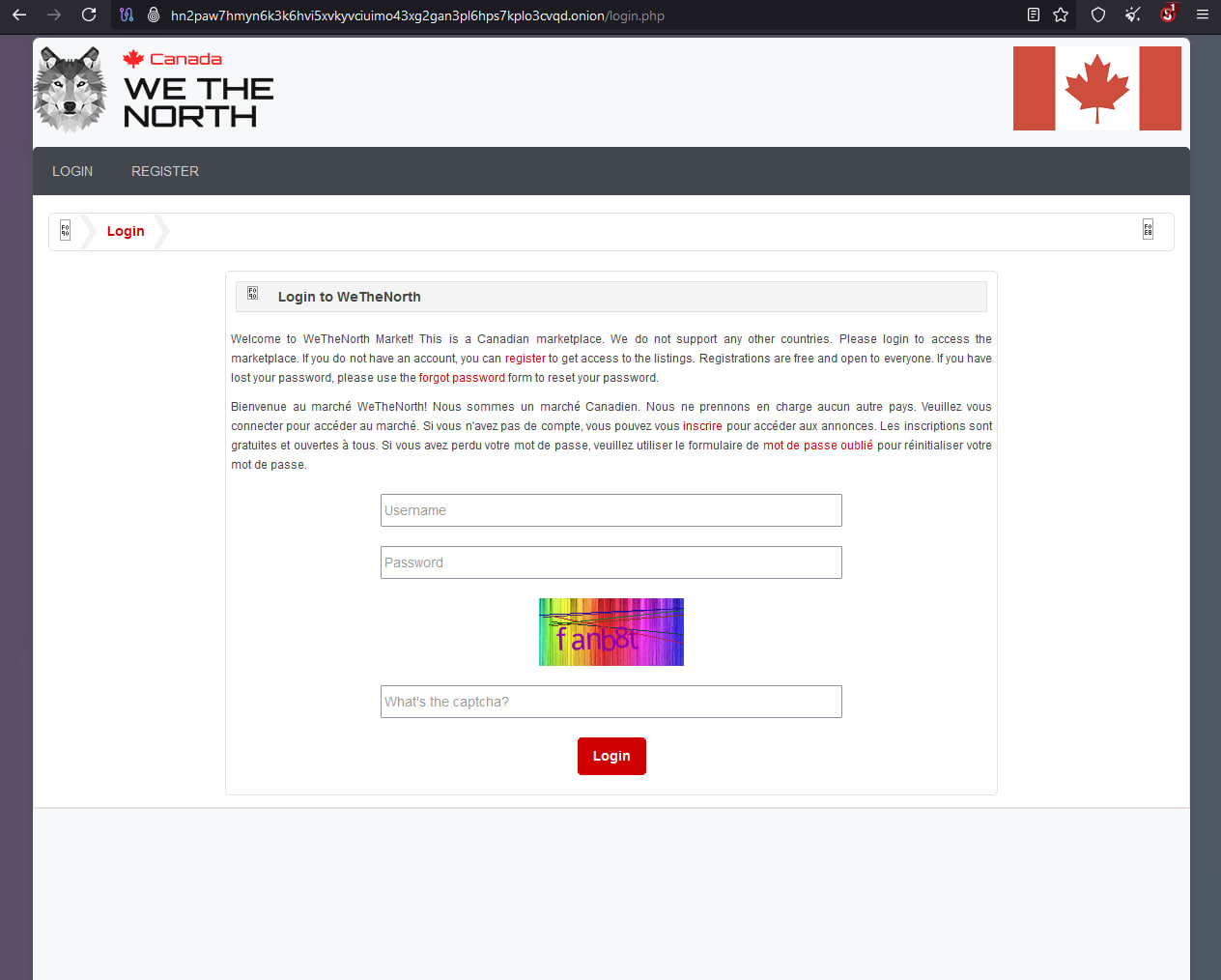 Screenshot of Tor Browser with the WeTheNorth Darknet Market onion URL entered in the address bar, showing the WeTheNorth Darknet Market login page with its distinctive logo and secure login form